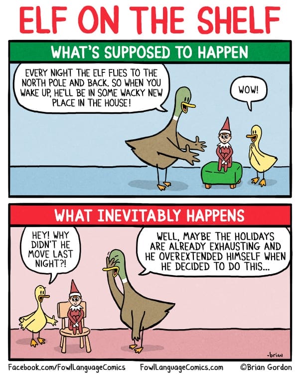 elf on the shelf comic featuring a relatable duck with fowl language