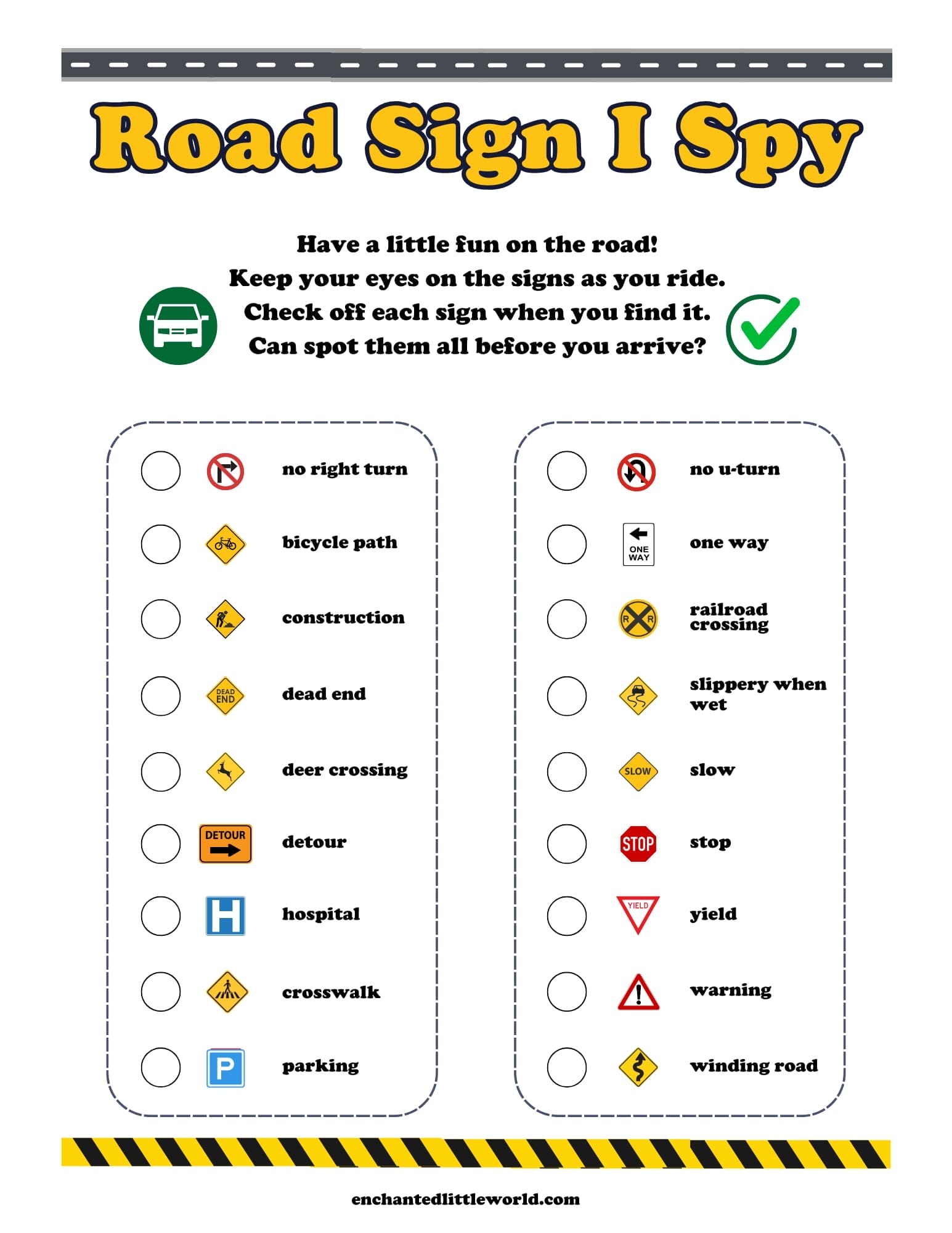 Free Printable Road Sign I Spy for Kids – fun road trip activity worksheet with road signs like stop, yield, and detour.