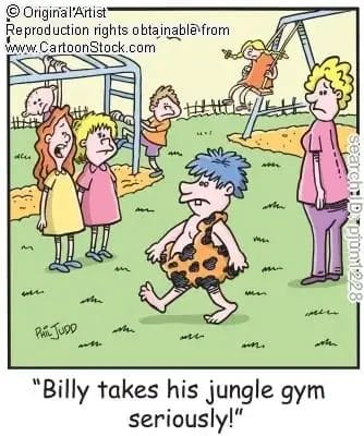 Cartoon of a young boy with spiky blue hair wearing a caveman outfit on a playground surrounded by children in regular clothes, who look surprised.