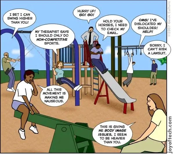 Cartoon of adults and children at a playground, with humorous speech bubbles showing them discussing non-competitive sports, body image, and checking emails.