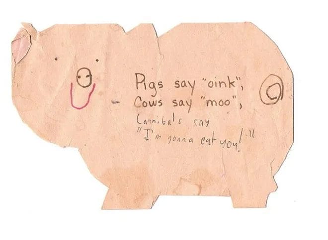 Valentine’s Day note from a child listing animal sounds, including a playful twist with “cannibals say ‘I’m gonna eat you’”