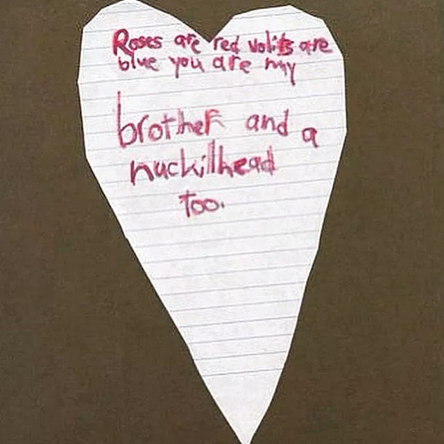 Valentine’s Day poem from a child to their brother, calling him a “knucklehead” in a lighthearted way