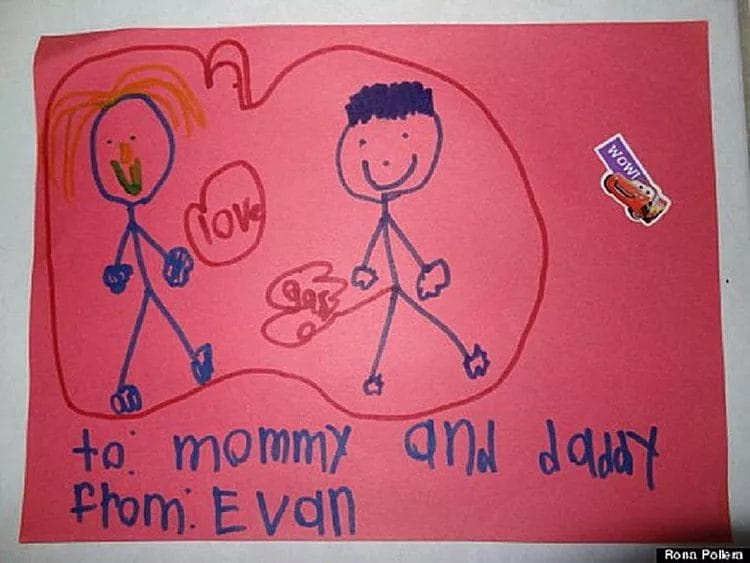 Child’s Valentine’s drawing for parents, with humorous details like silly expressions and creative hearts