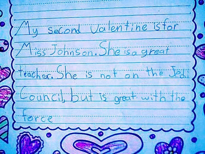 Valentine’s Day note from a child to their teacher, humorously comparing her to a Jedi using the Force