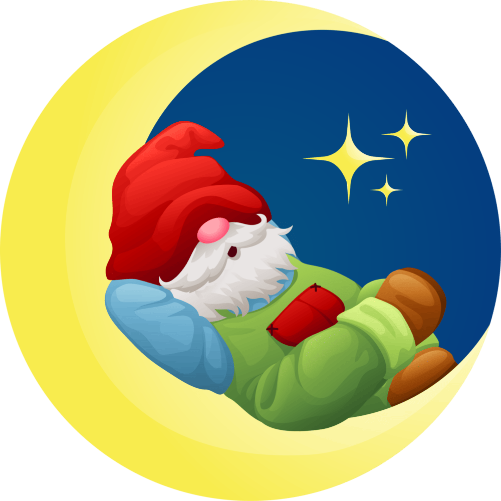 A sleeping gnome in a moon with a red hat pulled over his eyes.