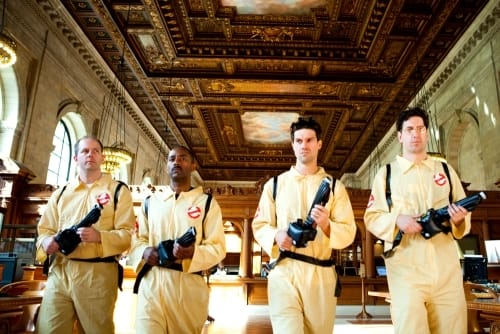 The charactars from the ghostbusters in the library