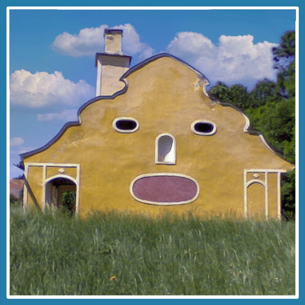 A yellow house that appears to have a surprised face due to the window structure.