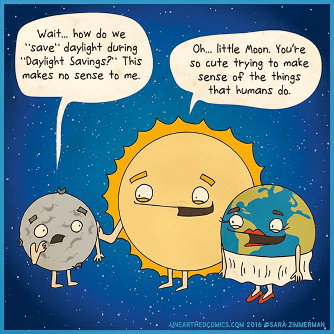 A confused looking cartoon moon talking to a happy cartoon earth and sun.