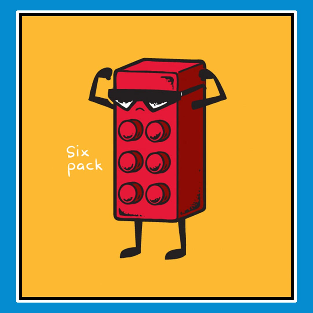 A six length, red Lego brick wearing sunglasses and flexing tiny drawn arms as if to show his muscles.