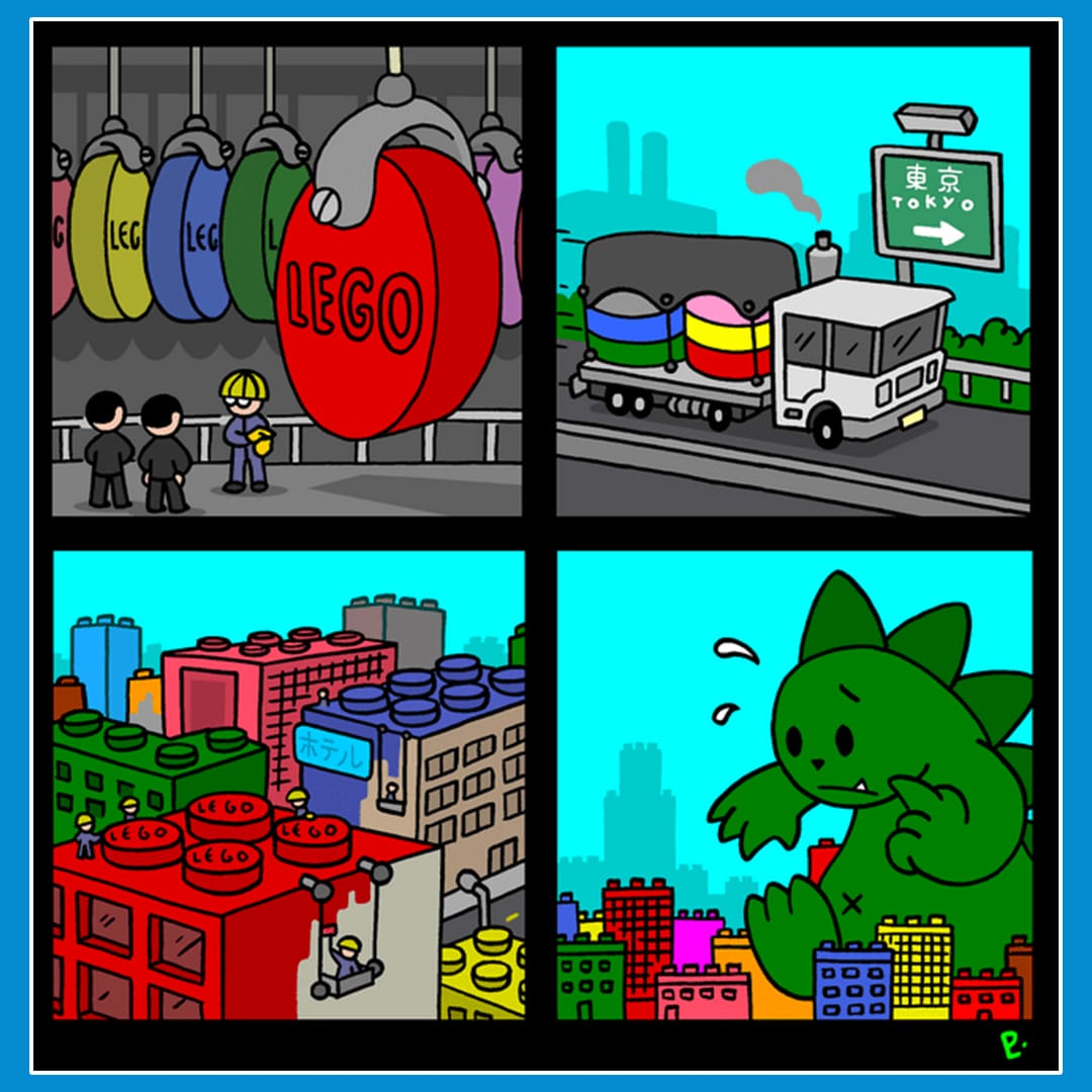 A four panel comic. The first showing the circle top of a Lego appearing to be in a factory. The 2nd trucks shipping loads of the circle toppers. The 3rd shows buildings with the circle tops installed on the roof. The fourth Godzilla appearing to cringe as he steps on a roof with the Lego circle tops.