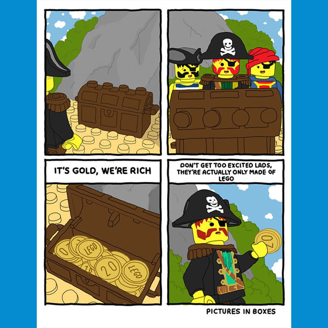 A four panel comic of a pirate spotting a chest, followed by three pirates opening it. The 3rd panel shows a treasure chest filled with gold coins that say Lego. The 4th the Captain pirate appearing to say something.