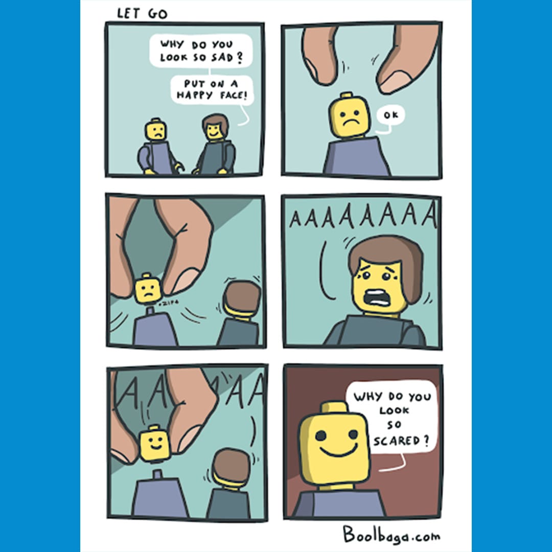 A six panel lego comic. Two Lego figurines talk with one noting the other looks sad. A human hand comes into the frame and swaps the sad head for a smiling one.