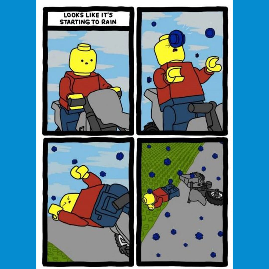 A four panel comic. The first a Lego man climbing a cliff. The 2nd a Lego rock appearing to hit him in the face. The 3rd, he is laying down. The fourth is an aerial shot that shows many Lego Rocks raining down.