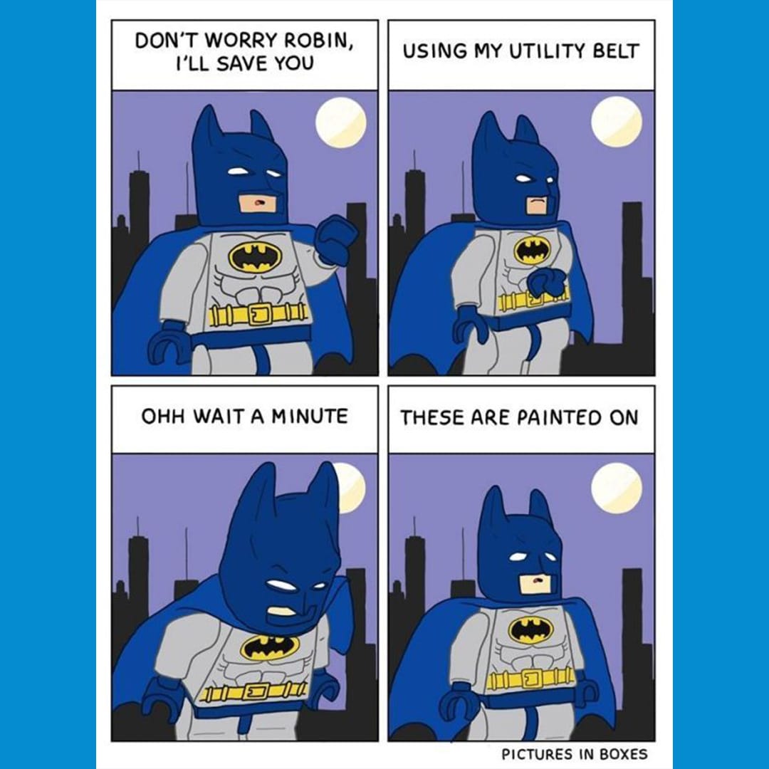 A four panel comic showing Batman on the roof staring at the city staring out. He reaches for his utility belt only to realize it is only painted on.