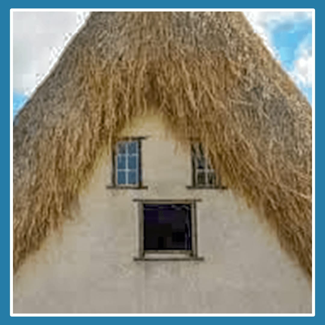 A straw roof house that appears to have a smile with three windows acting as the eyes and mouth.