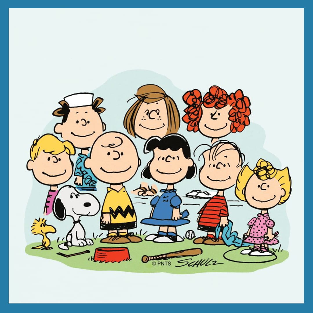 Charlie Brown cartoon standing with seven of the main characters in Charlie Brown.