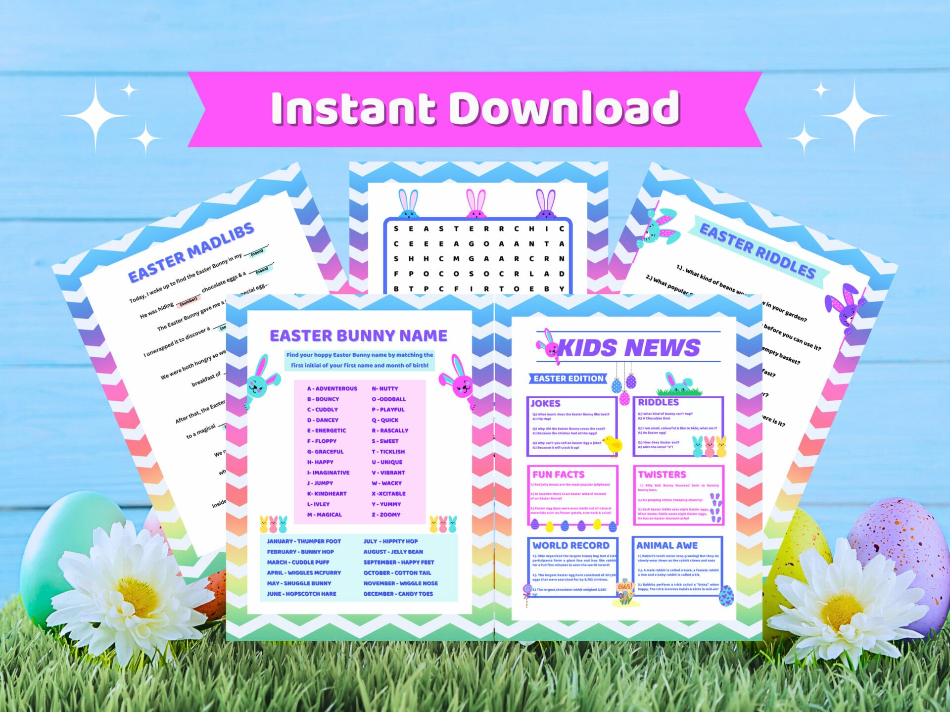 Five children's Easter worksheets in rainbow chevron border sit in the photo of grass amongst Easter eggs and daisies against a blue wooden wall. The words Instant Download are above it in a bright pink banner.