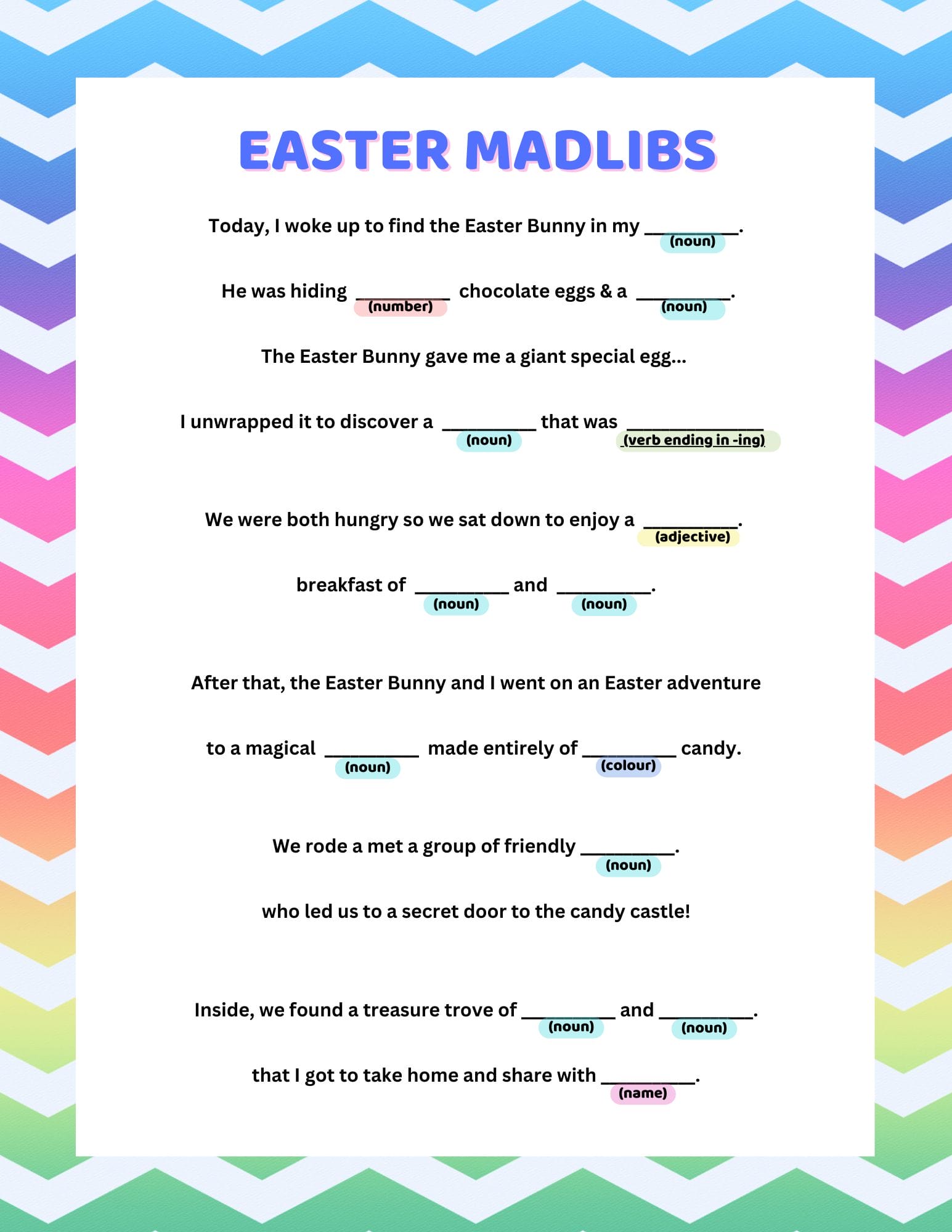 A children's Easter-themed Mad Lib with a rainbow chevron patten border.