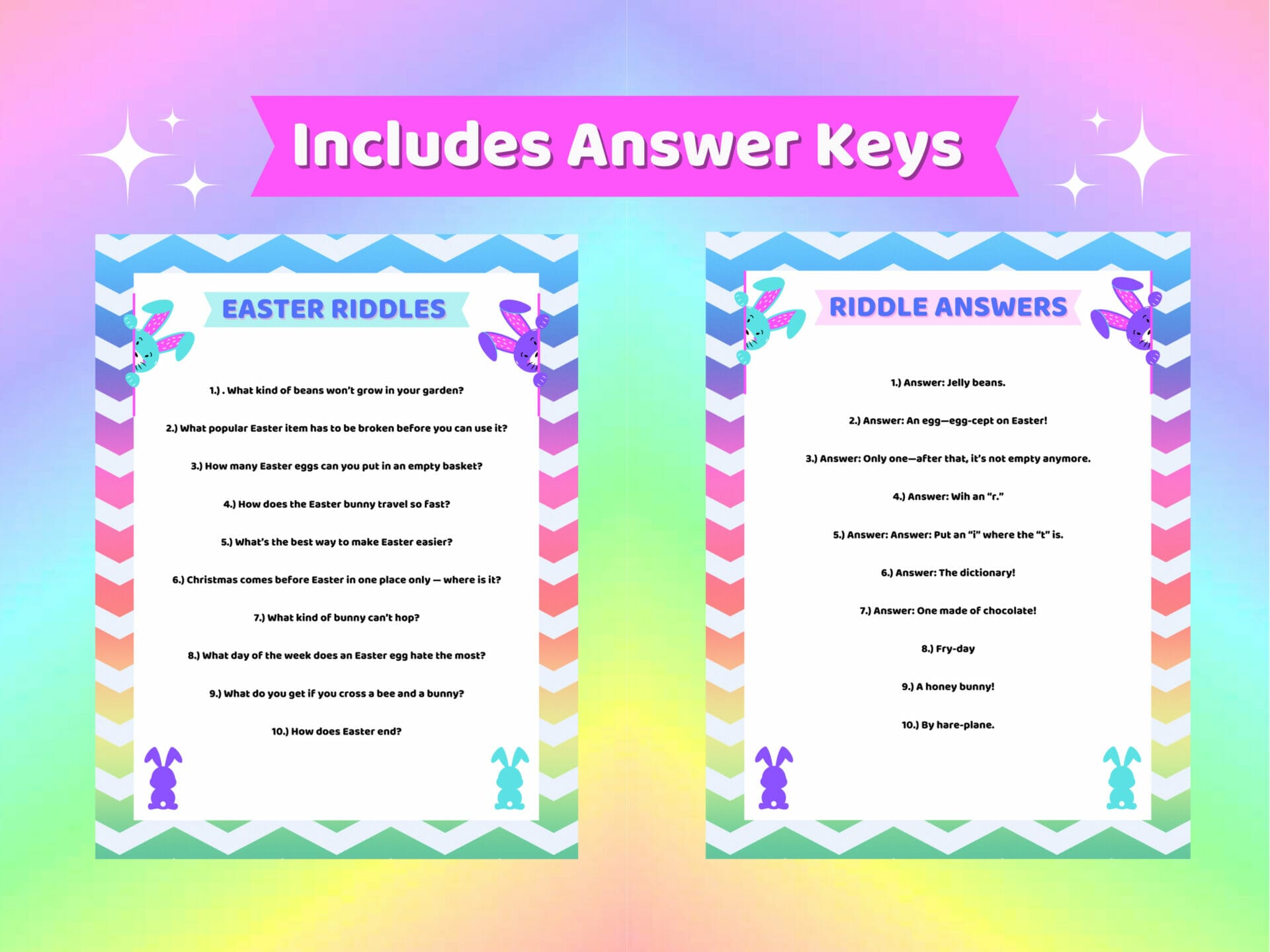 Five children's Easter worksheets in rainbow chevron border sit in the photo of grass amongst Easter eggs and daisies against a blue wooden wall. The words Instant Download are above it in a bright pink banner.