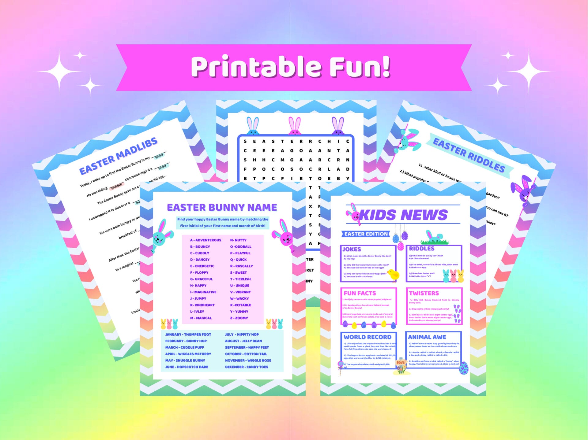 Five children's Easter worksheets in rainbow chevron border sit in the photo of grass amongst Easter eggs and daisies against a blue wooden wall. The words Instant Download are above it in a bright pink banner.