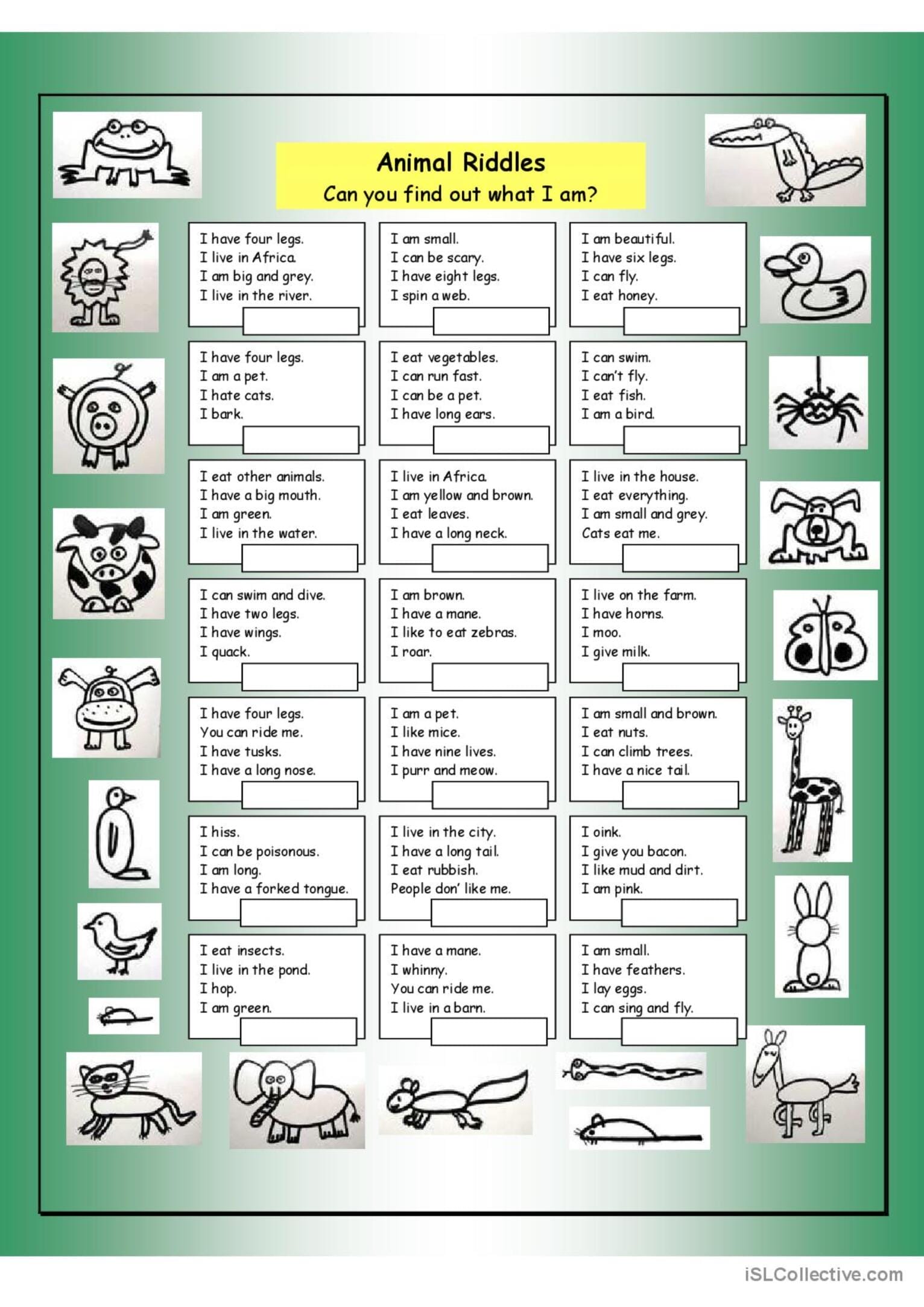 Free printable animal riddle quiz for kids featuring fun animal clues with drawings, including lions, giraffes, pigs, and more. Perfect for classroom or at-home learning.