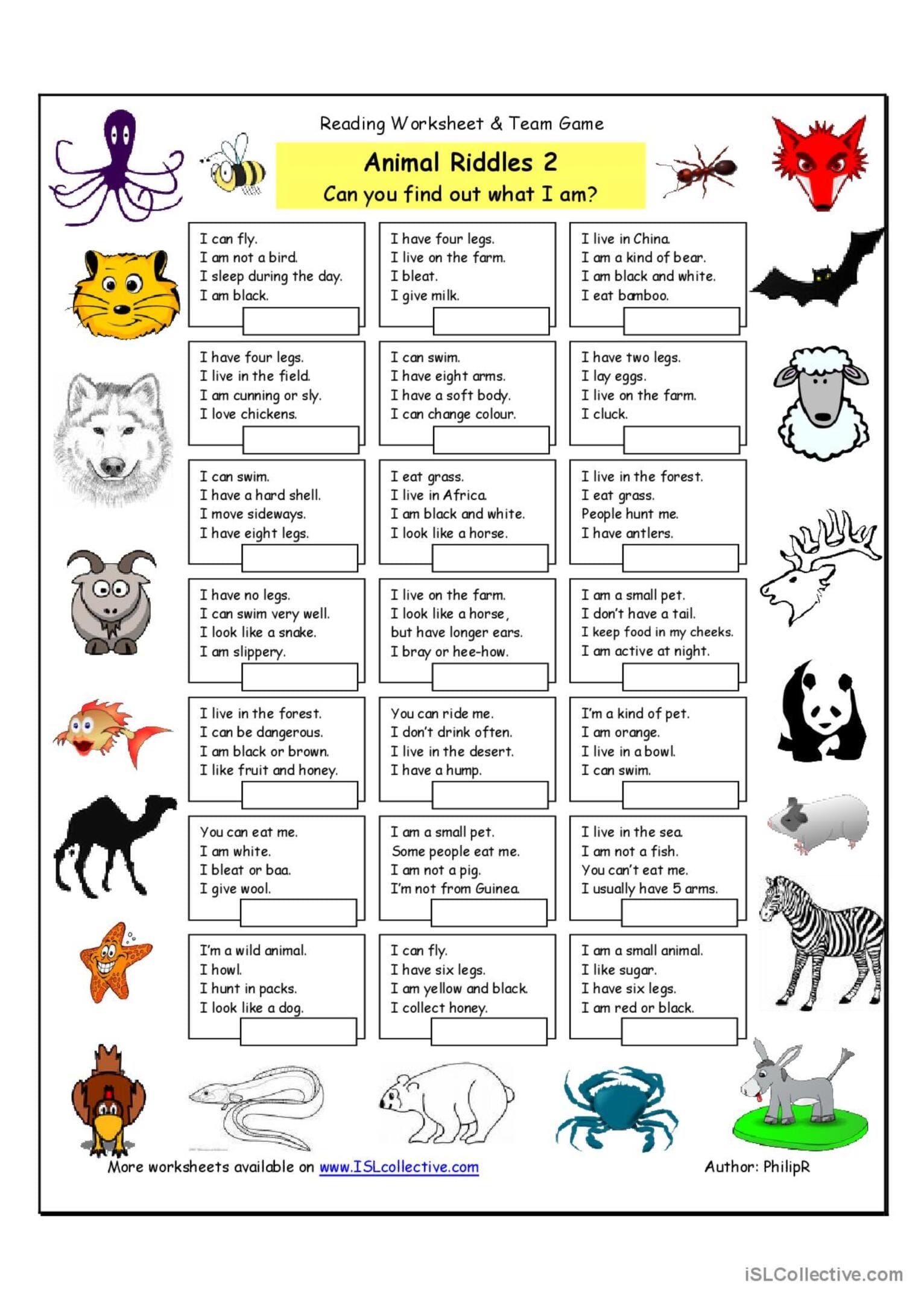 A colorful, engaging printable worksheet for kids featuring animal riddles with picture clues. The worksheet encourages children to guess the animals based on descriptions like "I can fly, I am black, I sleep during the day" with cute illustrations of various animals like a bee, lion, wolf, and more. Perfect for educational fun at home or in the classroom.