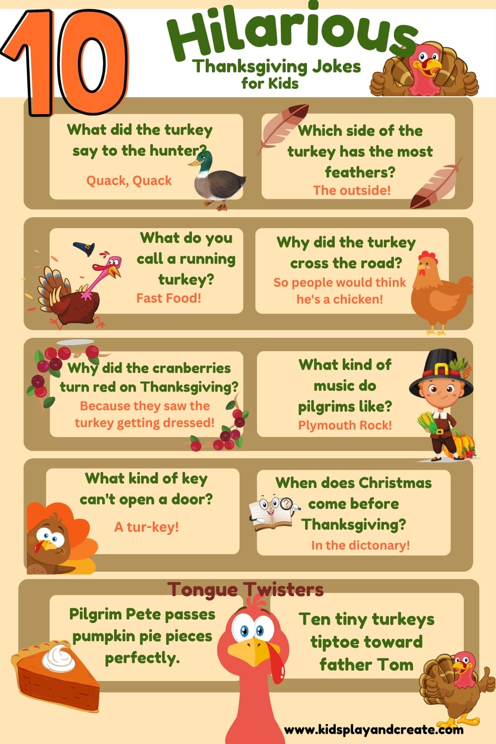 Free printable featuring 10 funny Thanksgiving jokes for kids, including turkey-themed jokes like 'What do you call a running turkey? Fast food!' and fun tongue twisters, designed with cute Thanksgiving illustrations of turkeys and pilgrims.