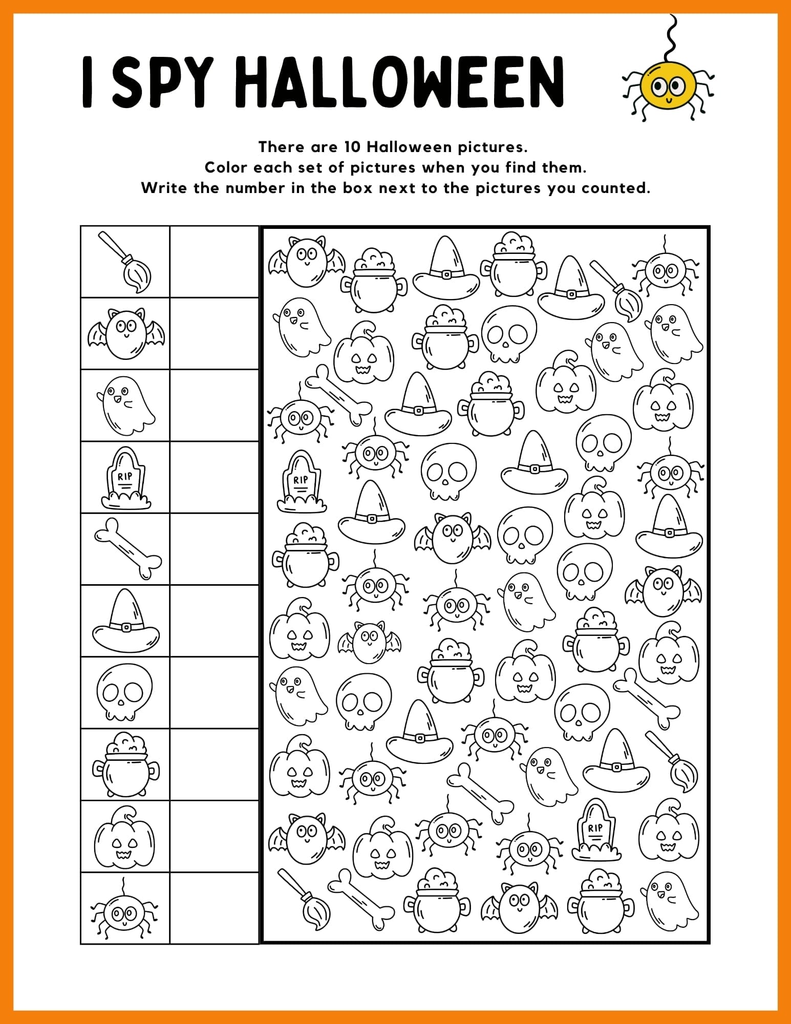 A fun and interactive Halloween I Spy activity for kids, featuring Halloween-themed images such as pumpkins, ghosts, witches' hats, cauldrons, and bones. Children can color the pictures as they count and write the numbers in boxes. This activity is perfect for classrooms or at-home Halloween fun.