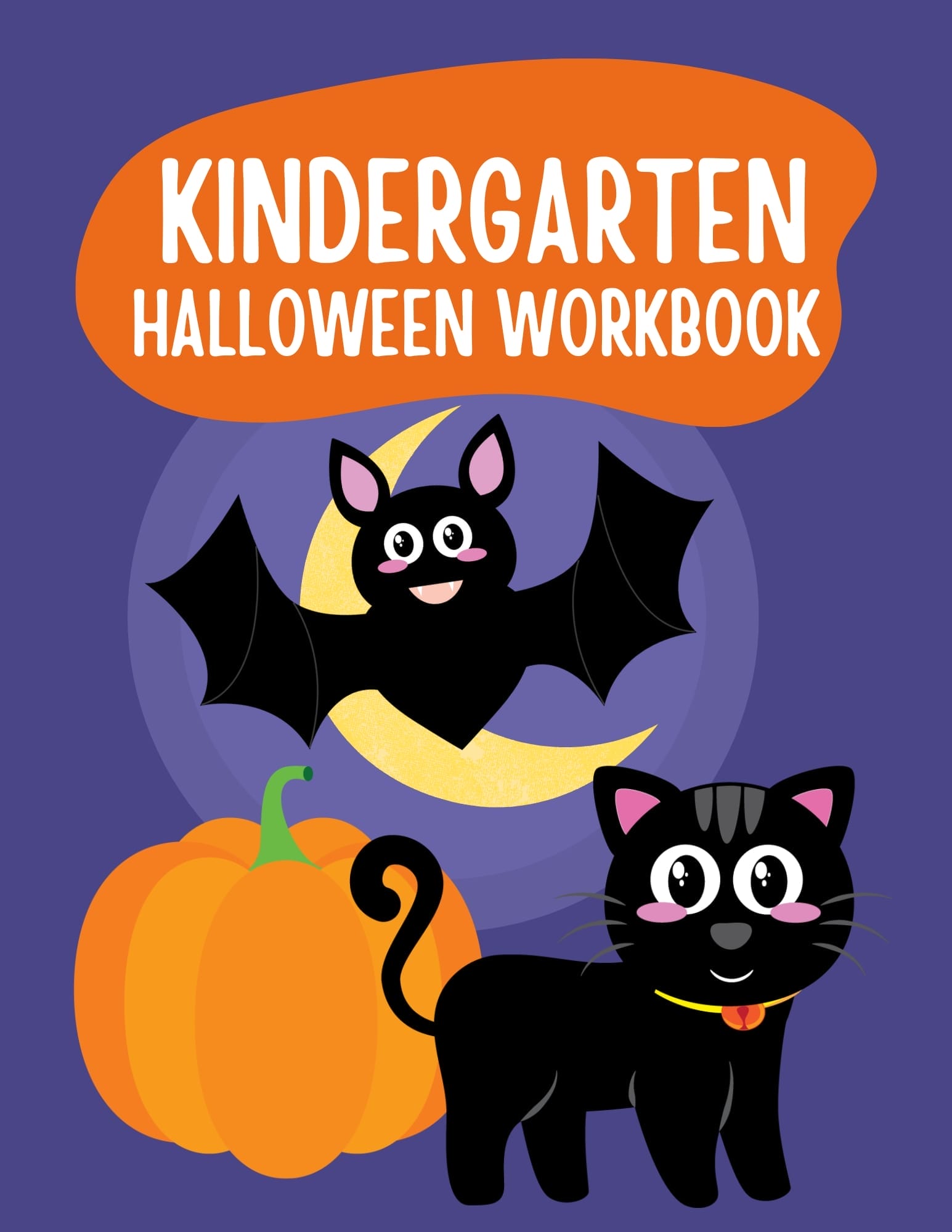 Cover of Kindergarten Halloween Workbook featuring a cute black bat, black cat, and pumpkin with a fun Halloween theme.