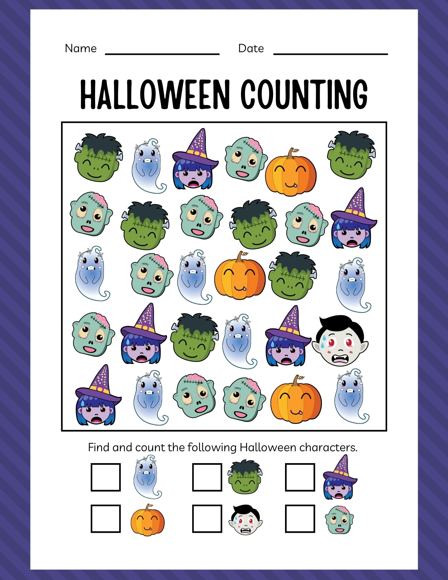 Free Printable Halloween Counting Worksheet for Kindergarten with spooky characters like witches, pumpkins, ghosts, and zombies.