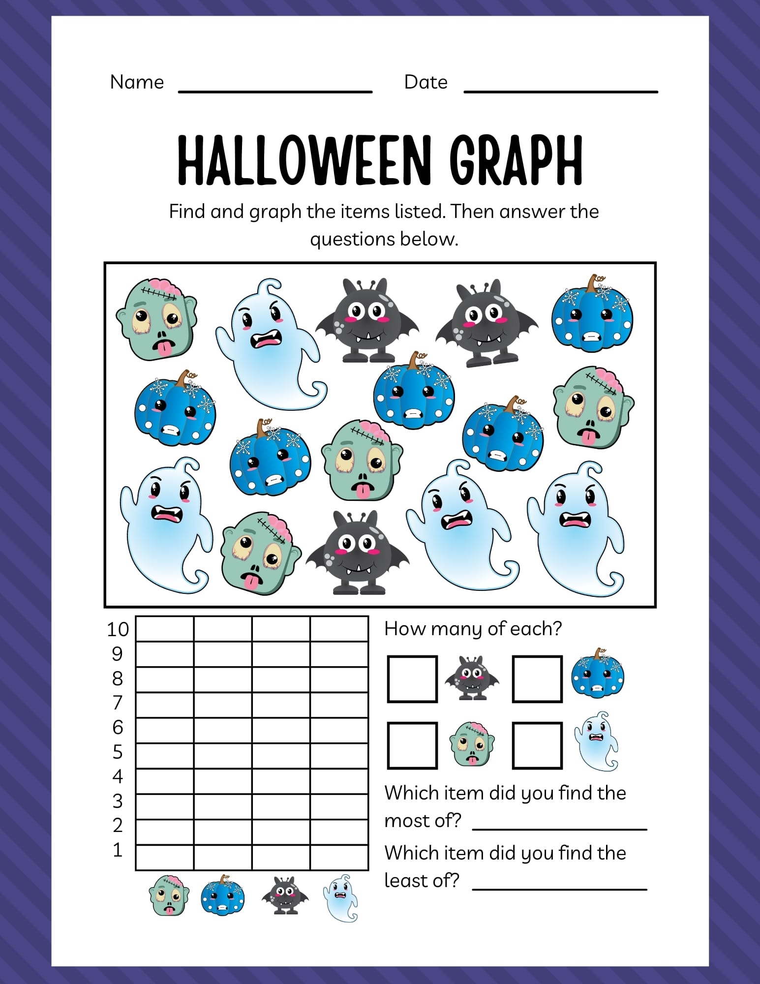 Free Printable Halloween Graph Worksheet for Kindergarten featuring ghosts, zombies, bats, and pumpkins.