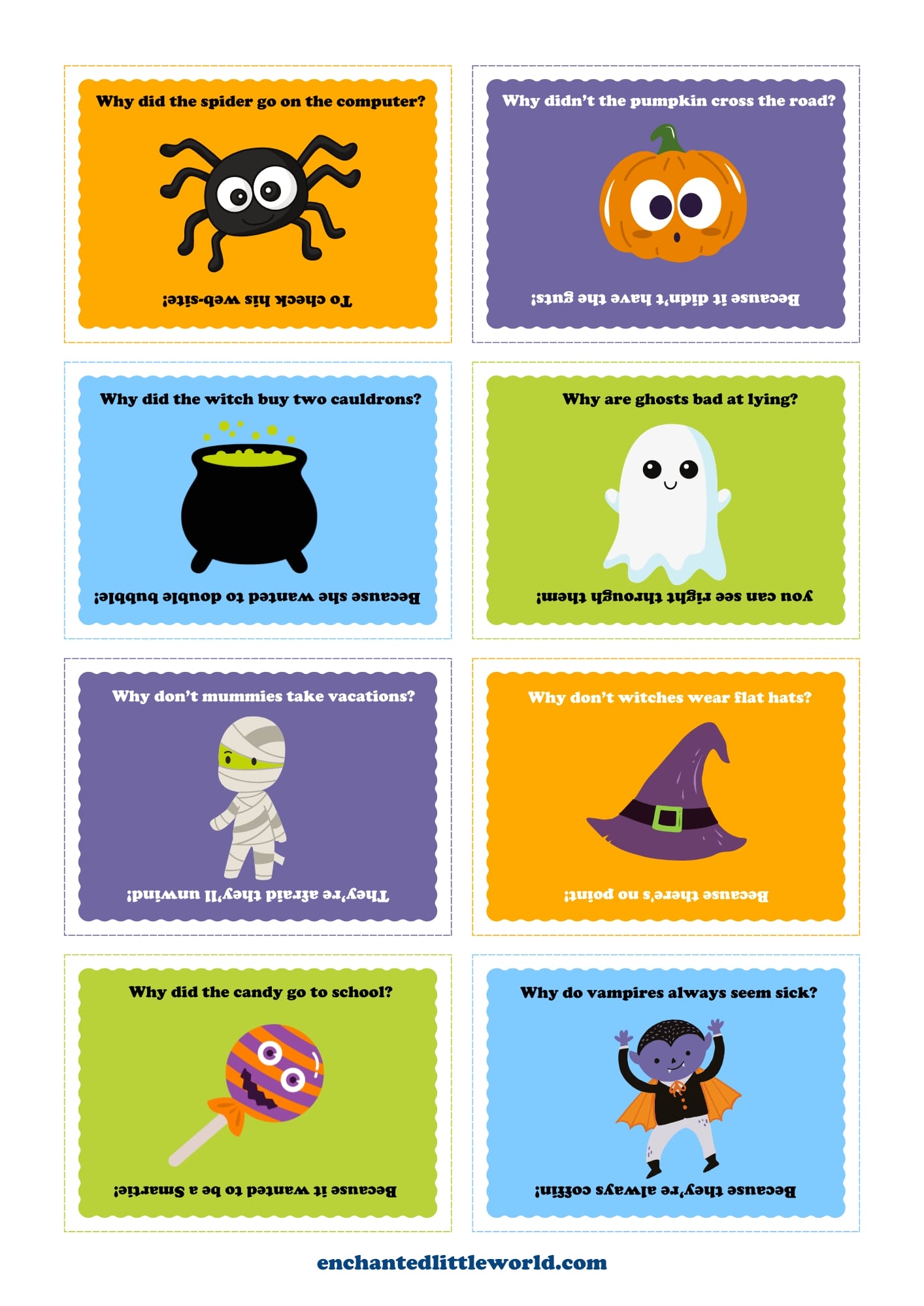 Colorful Halloween-themed lunchbox notes for kids with fun messages like “Enjoy your food” featuring a spider, “Please be obedient” with a cute vampire, and more spooky characters like bats, pumpkins, and mummies.