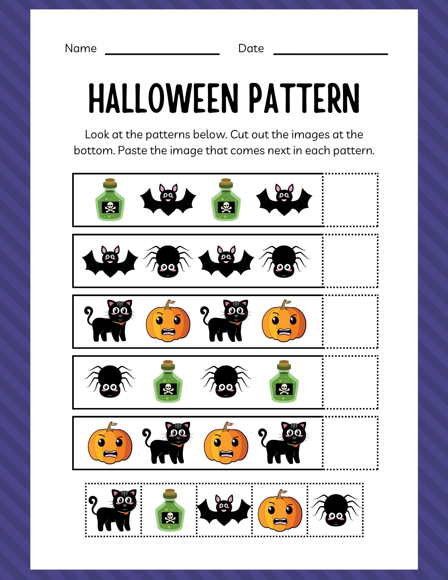 Free Printable Halloween Pattern Worksheet for Kindergarten with spooky symbols like black cats, pumpkins, bats, and potions.