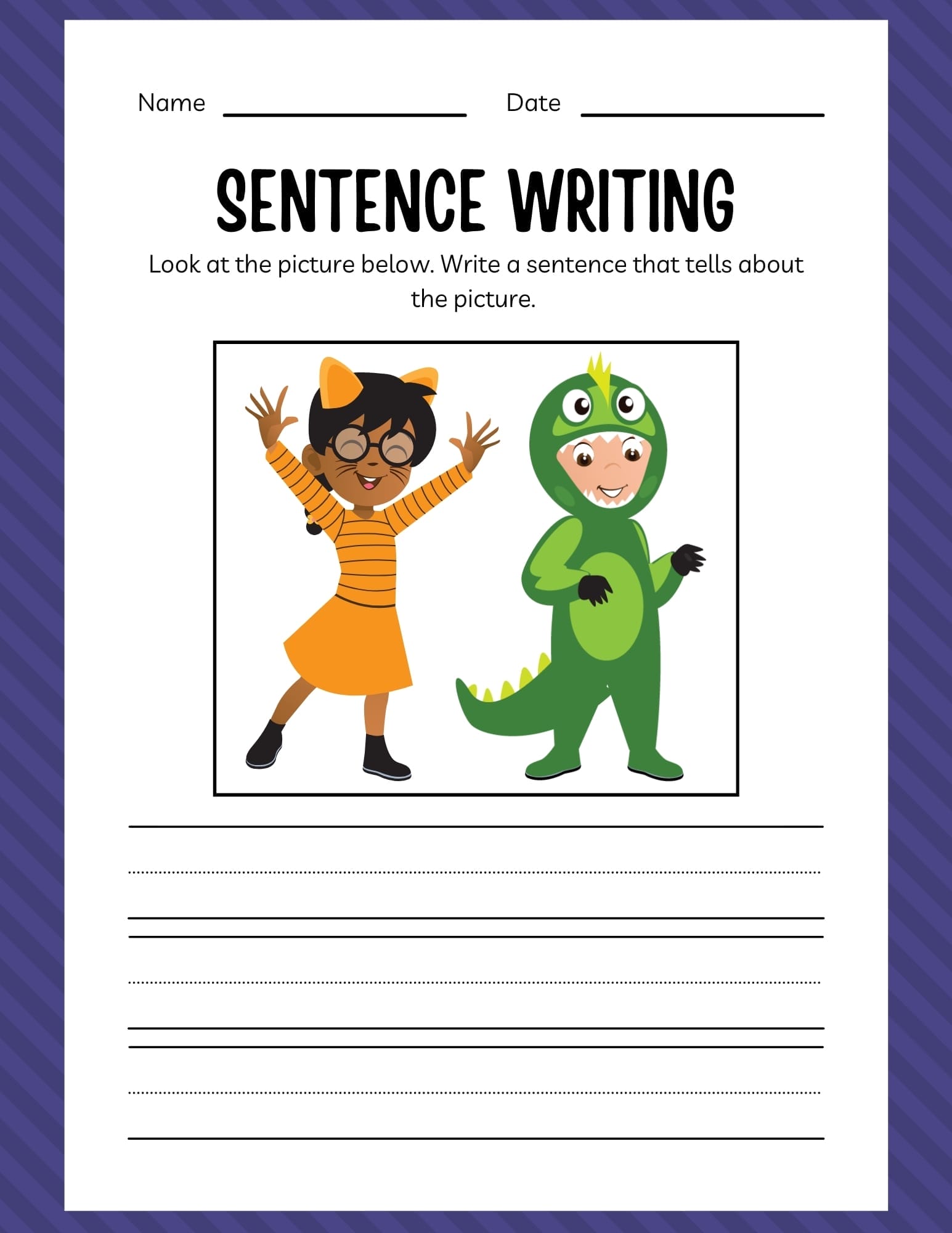 Halloween writing practice worksheet for kids featuring a bat and a pumpkin with fill-in-the-blank sentence prompts.