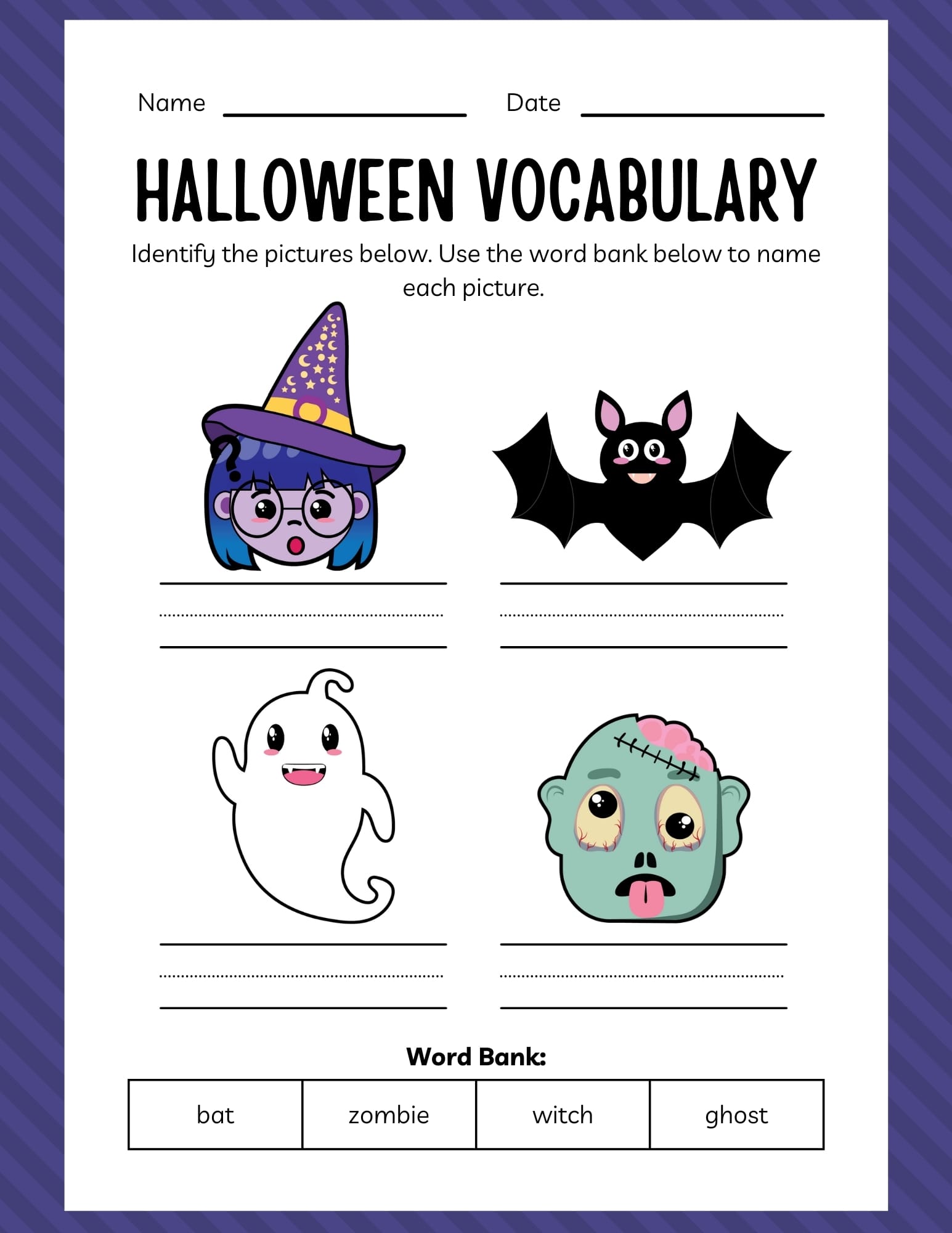 Halloween Vocabulary Worksheet with fun images of a witch, bat, ghost, and zombie for kids to match with their names.