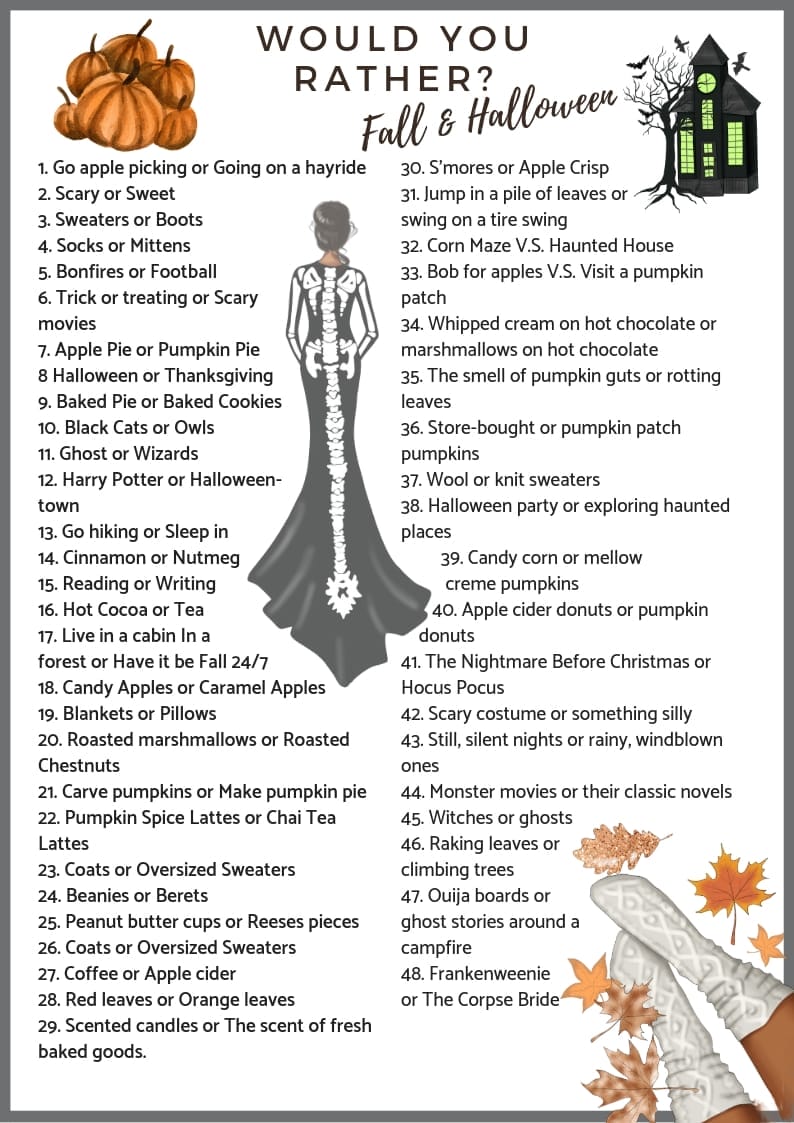 A printable list of fun fall and Halloween-themed "Would You Rather" questions for kids, with options like "Scary or Sweet?" and "Pumpkin Pie or Apple Pie?" Perfect for Halloween parties or classroom activities.