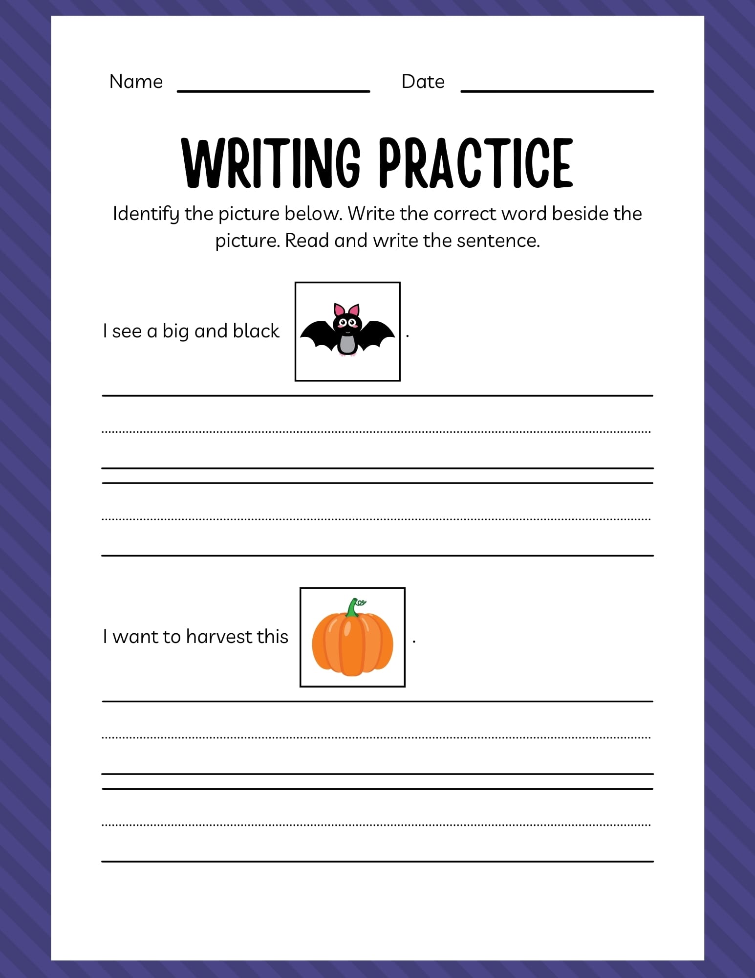 Free Printable Halloween Writing Practice Worksheet for Kindergarten with bat and pumpkin themes.