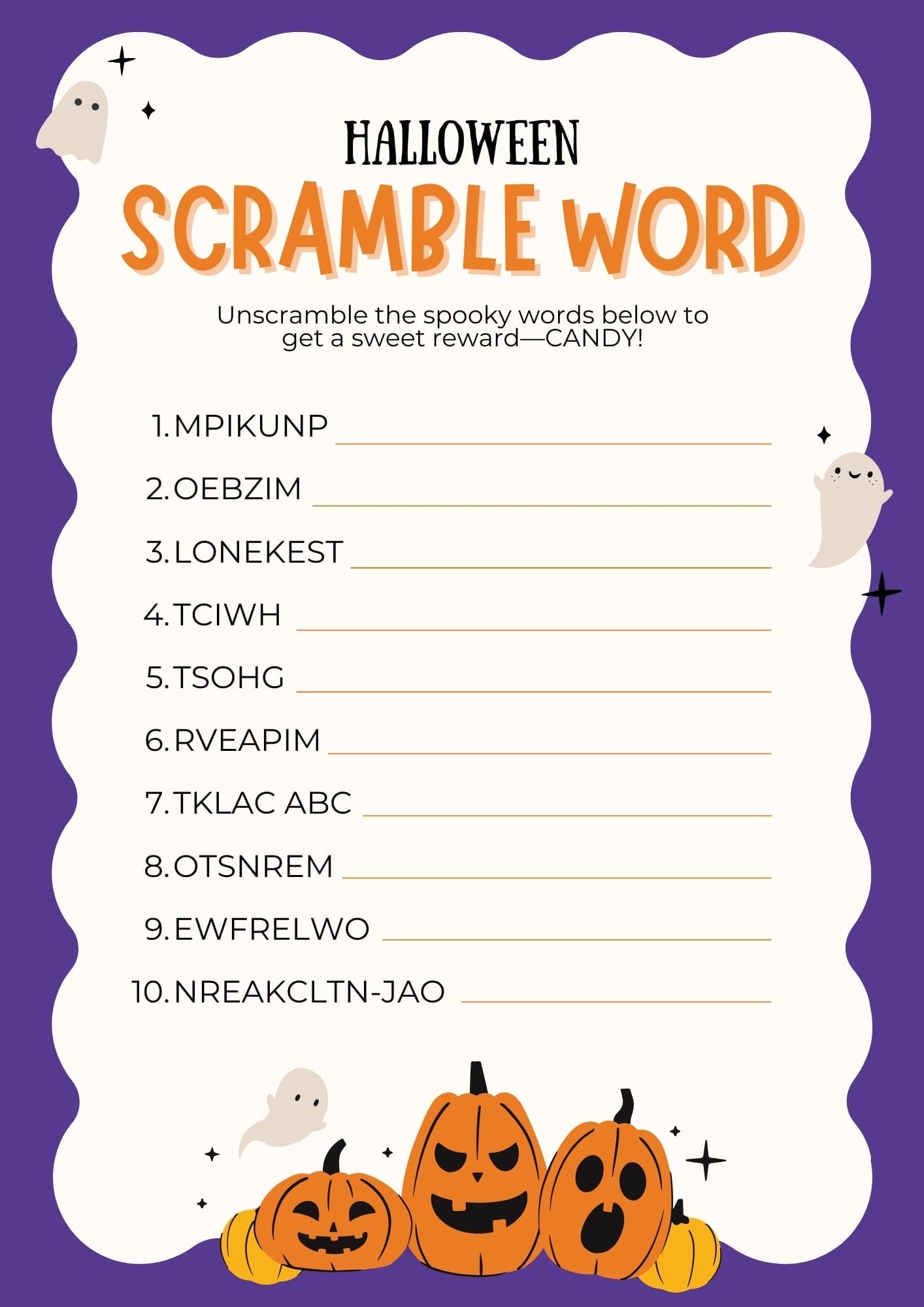 Free Printable Halloween Word Scramble with fun spooky-themed words for kids to unscramble.