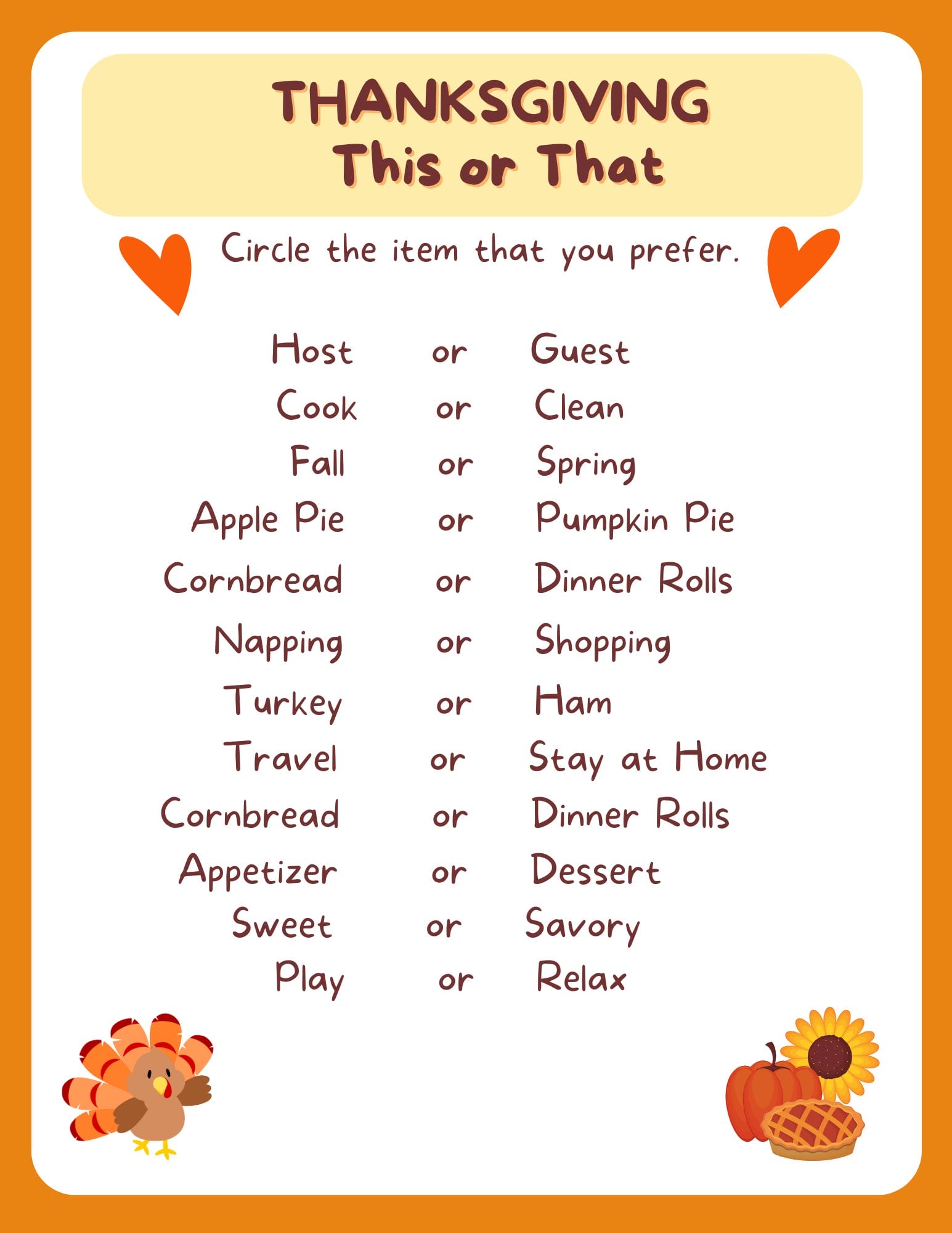 Free printable Thanksgiving This or That game for kids with fun choices like apple pie or pumpkin pie, perfect for holiday family activities