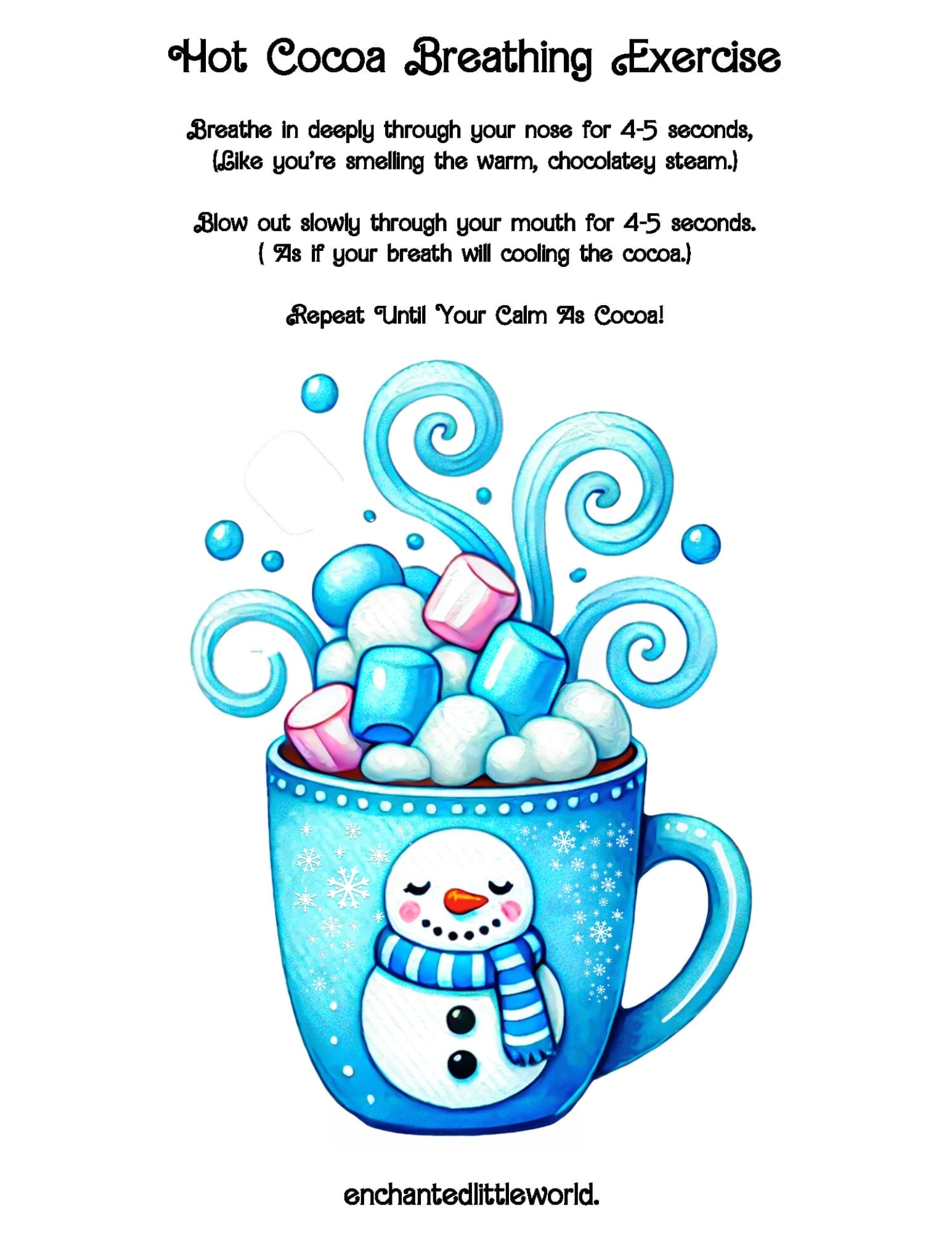 A cheerful snowman mug filled with hot cocoa, blue and pink marshmallows, and whimsical swirls of steam, paired with a calming breathing exercise for kids.