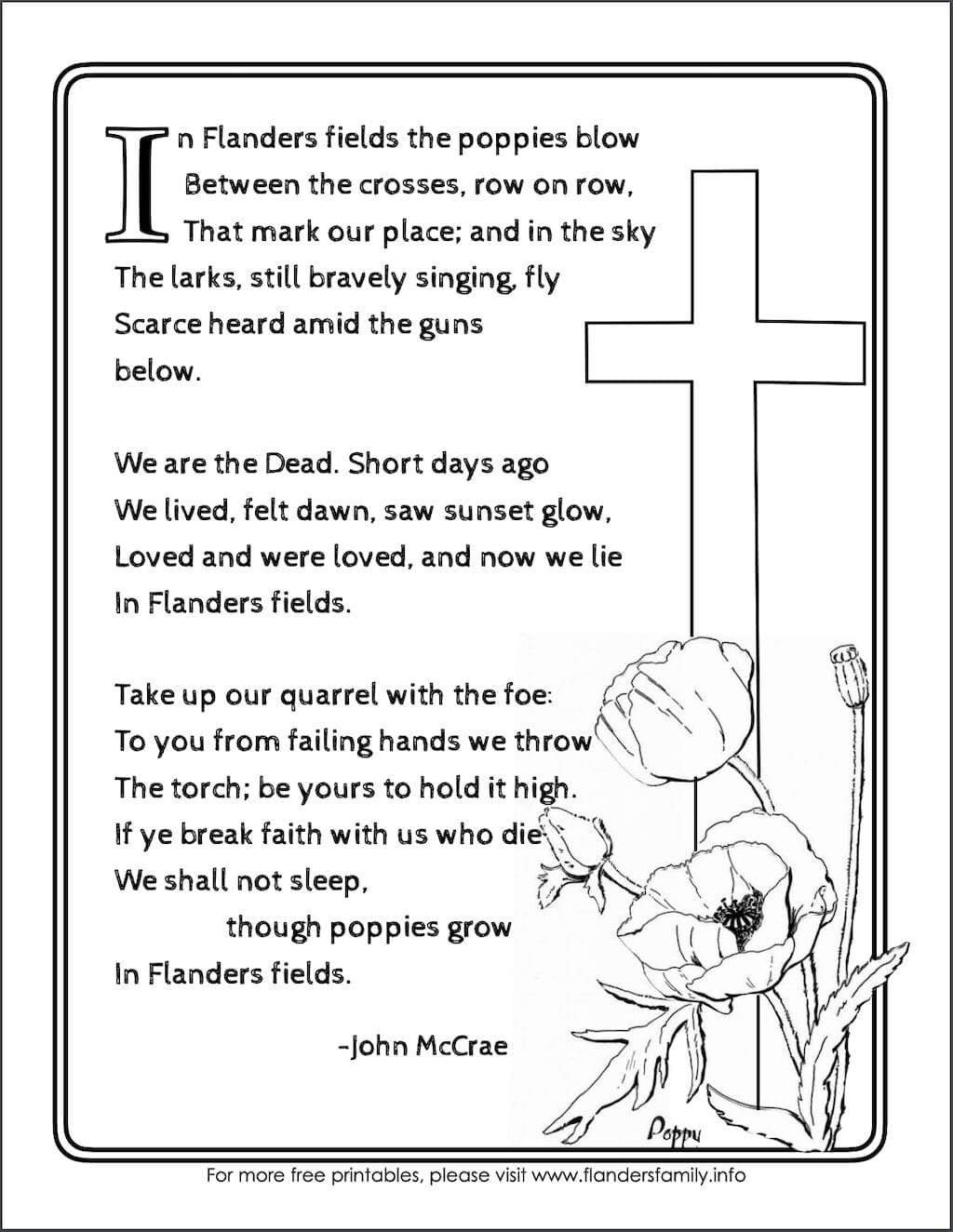 Free printable of the 'In Flanders Fields' poem by John McCrae, featuring a poppy illustration