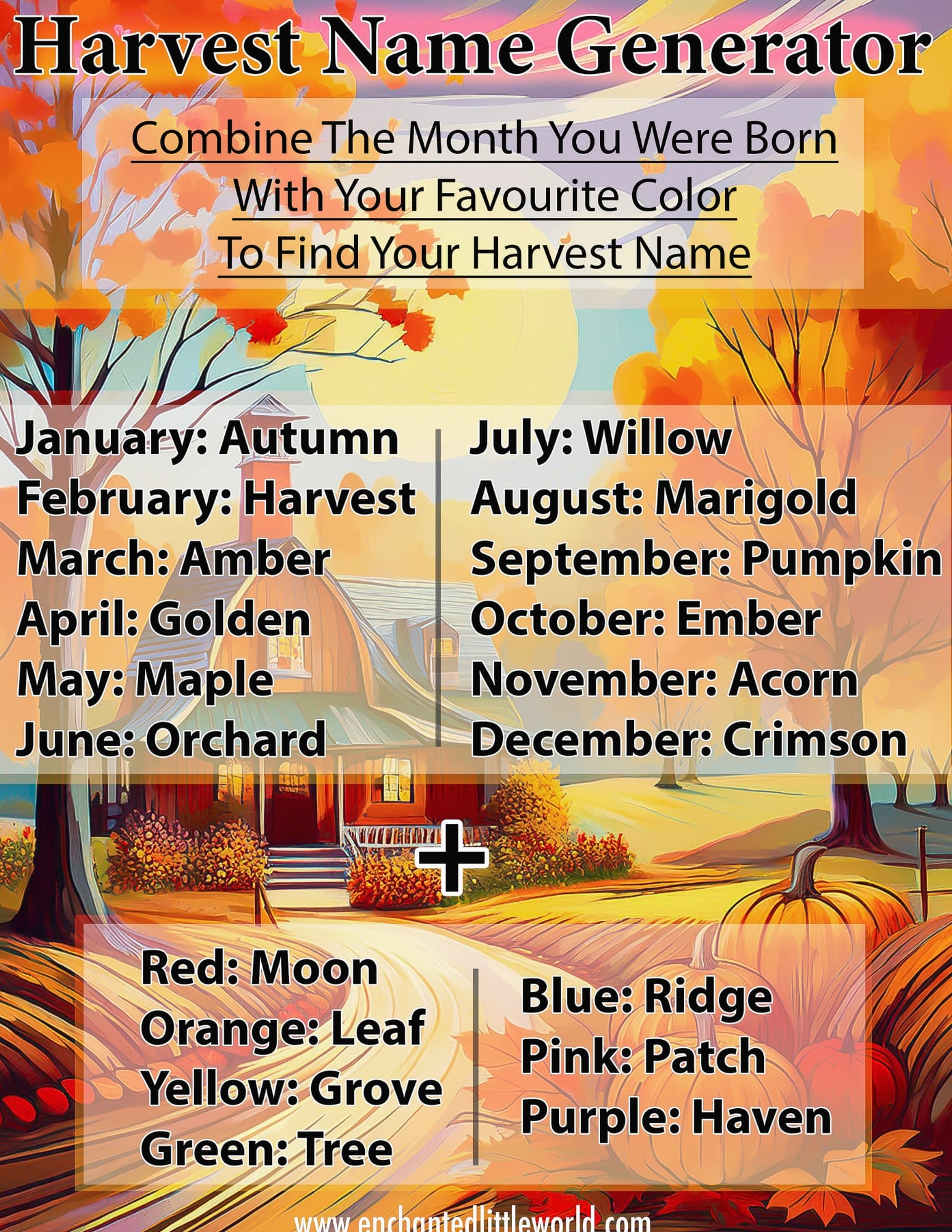 Colorful illustration of a Harvest Name Generator chart, blending birth months with favorite colors to create unique autumn names.