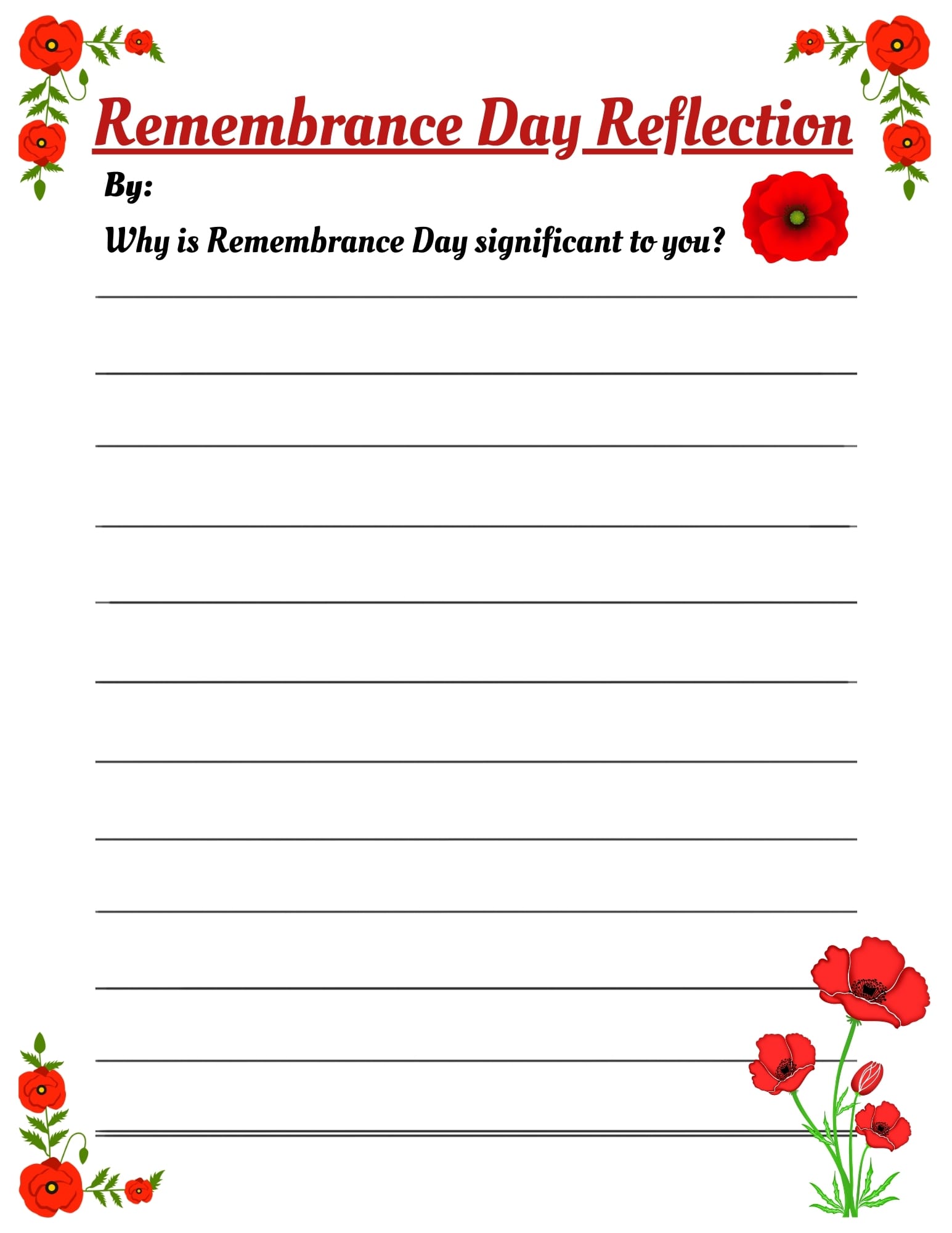 Free Remembrance Day Reflection Worksheet for kids, featuring poppy illustrations and a writing prompt about the significance of Remembrance Day. 🎖️