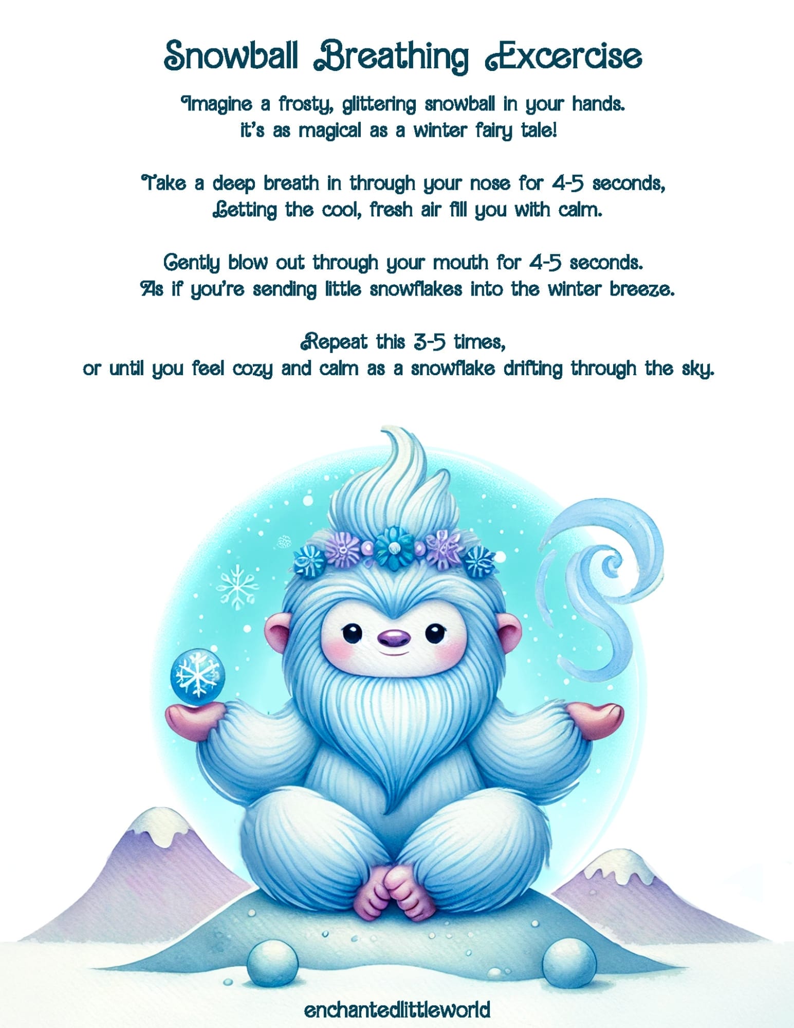 A sweet yeti sitting cross-legged on a snowy mound, holding a glittering snowball in one hand and surrounded by magical swirls of breath, with soft pastel mountains in the background.