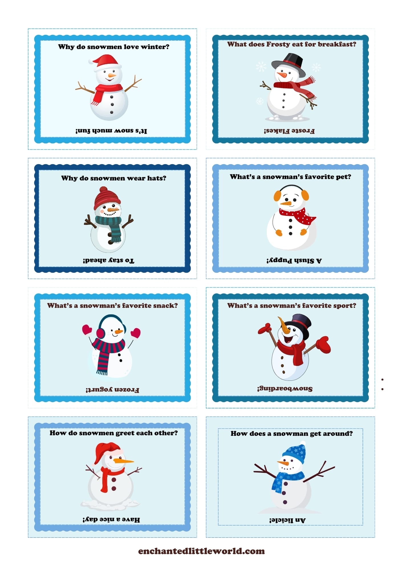  printable sheet of snowman-themed jokes for kids, featuring adorable snowmen and silly questions like “Why do snowmen wear hats? To stay ahead!”