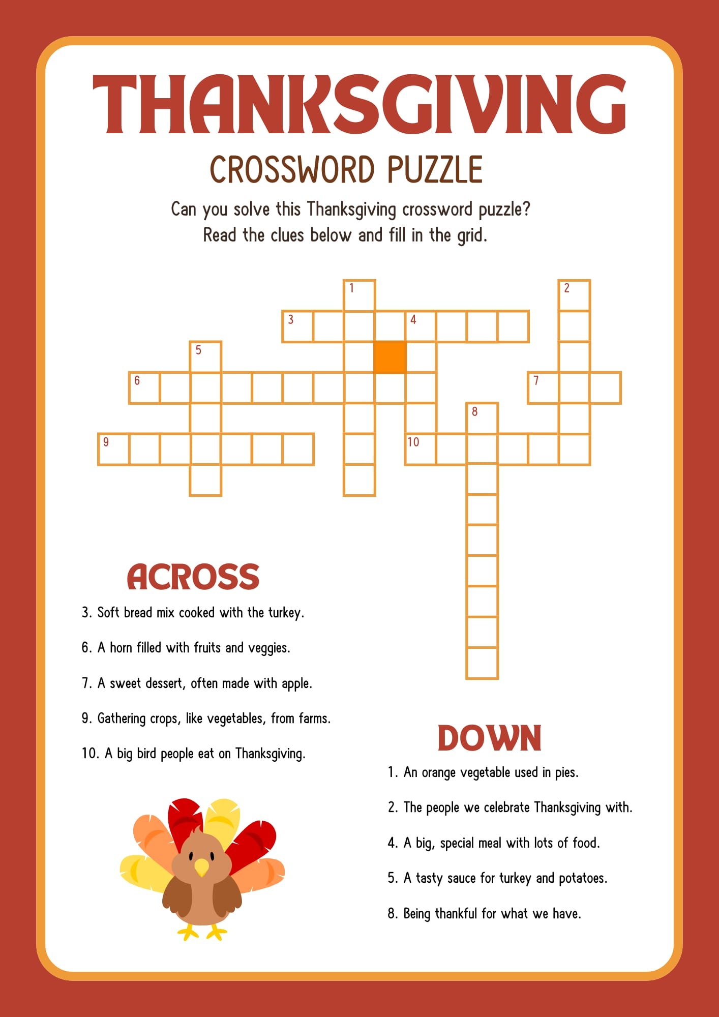 Thanksgiving crossword puzzle printable for kids with a festive red border, an illustrated turkey, and clues about Thanksgiving foods, traditions, and symbols.