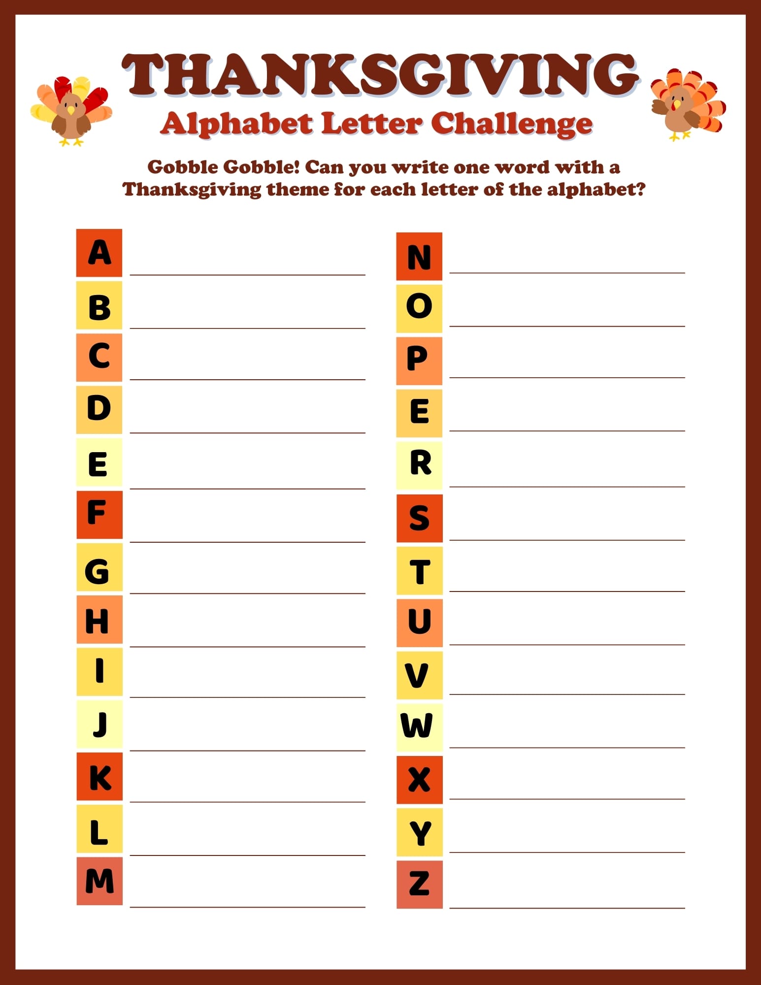 A Thanksgiving-themed alphabet challenge printable with spaces for kids to write words related to the holiday for each letter.