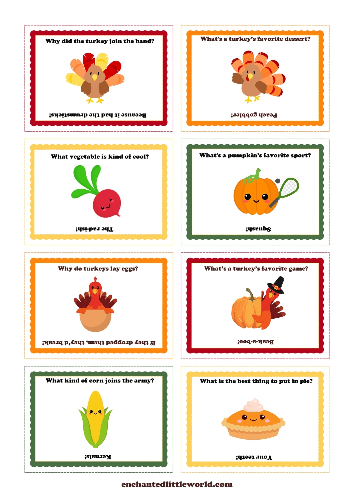  Free printable Thanksgiving lunchbox jokes for kids, featuring colorful joke cards with adorable turkeys, pumpkins, and veggies to bring laughter to holiday meals.