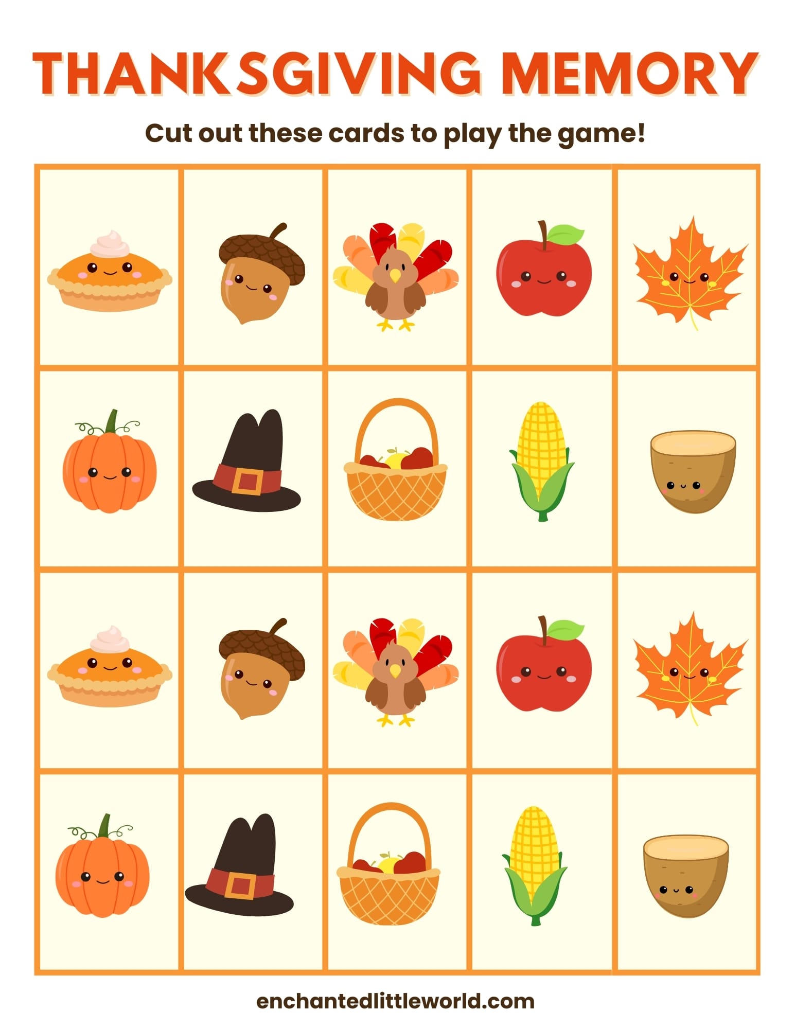 Festive Thanksgiving memory game for kids with cute, colorful icons like pumpkins, acorns, turkeys, and more, ready to print and play for family fun.