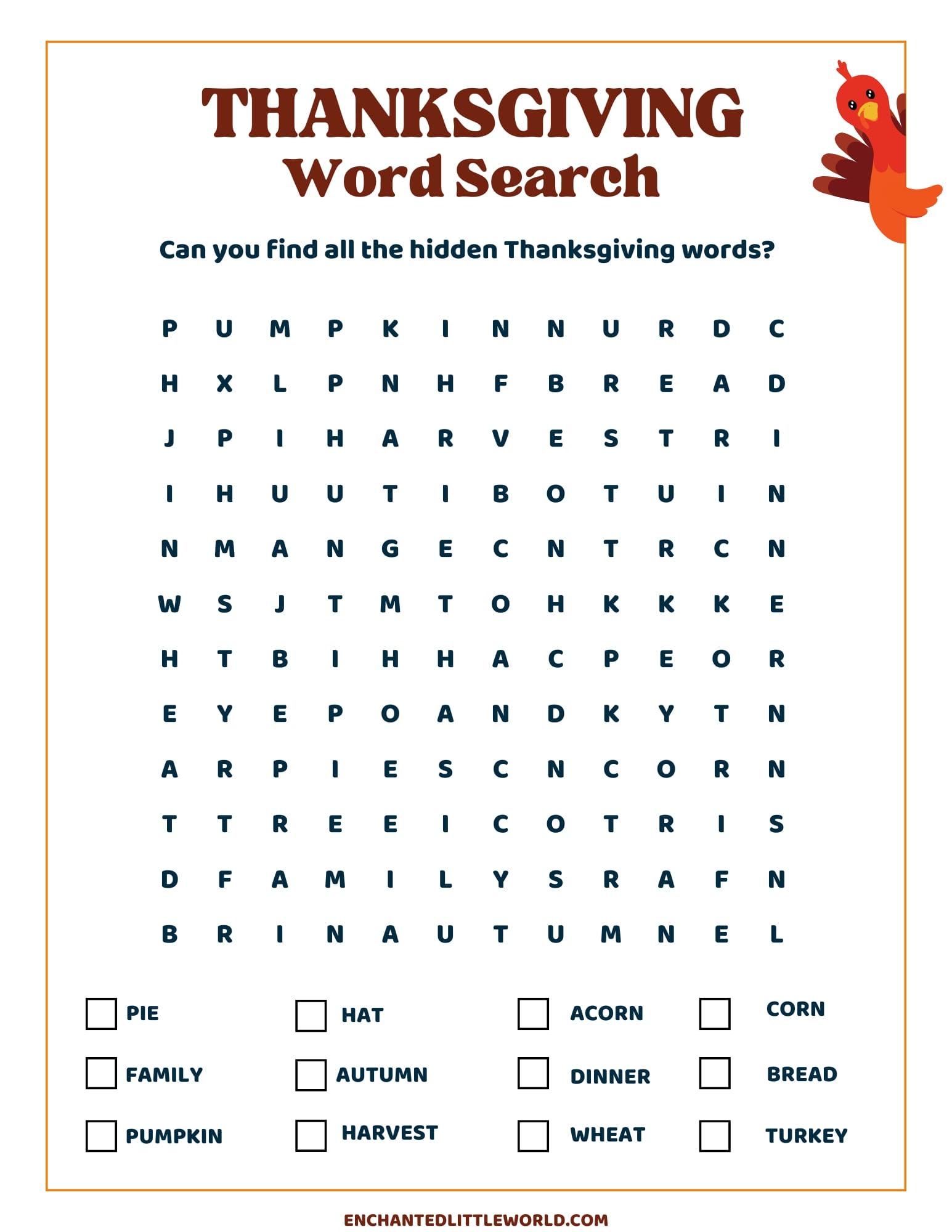 Thanksgiving-themed word search printable with fun holiday words like "pumpkin," "family," "harvest," and "turkey."